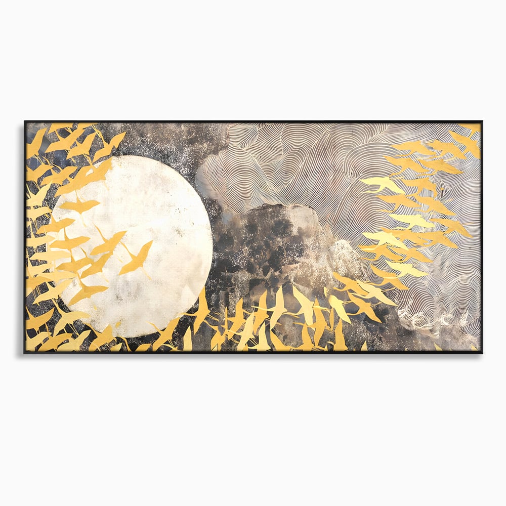 Tablou canvas cu tablou canvas cu pasari aurii si luna, in rama de aluminiu negru